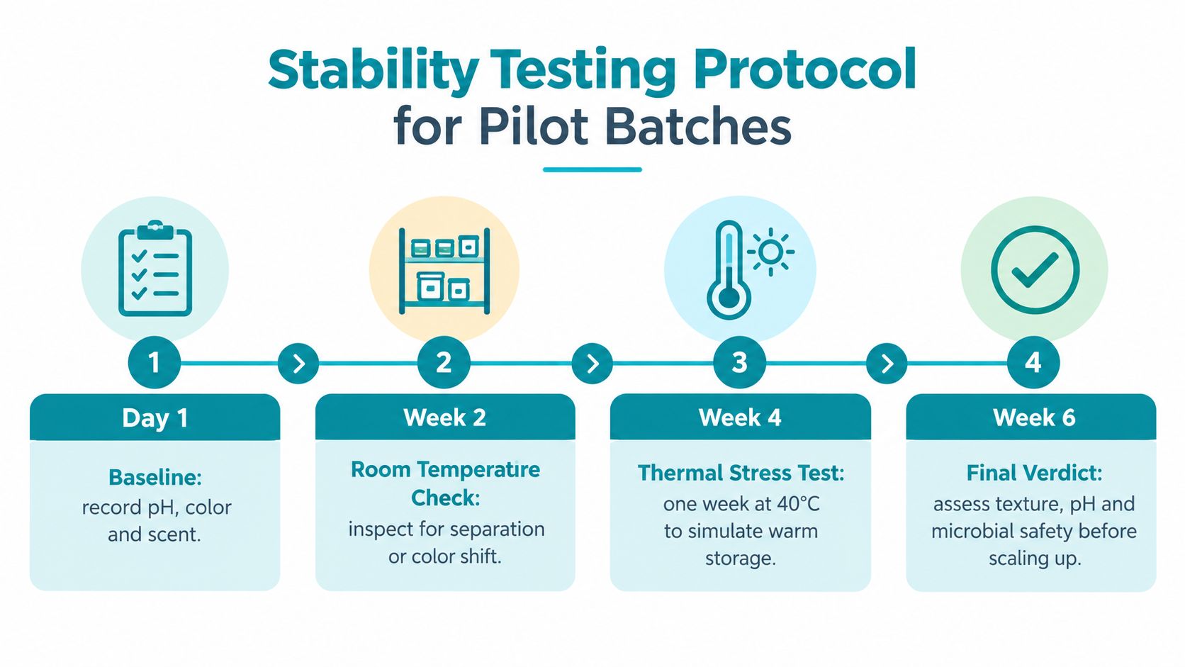 A flowchart titled Stability Testing Protocol for Pilot Batches outlining four stages from Day 1 to Week 6.