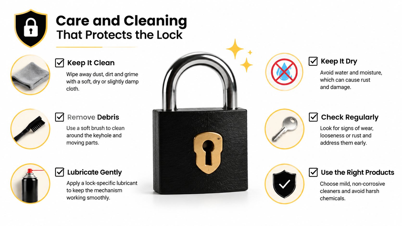 A professional infographic illustrating essential tips for the proper care, cleaning, and maintenance of a padlock.