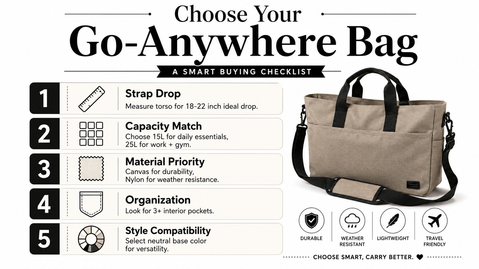 A checklist for choosing a go-anywhere crossbody tote bag featuring five key selection factors and features.