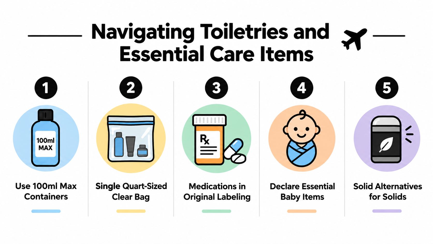 An infographic showing five essential tips for packing travel toiletries and items in your carry-on luggage.