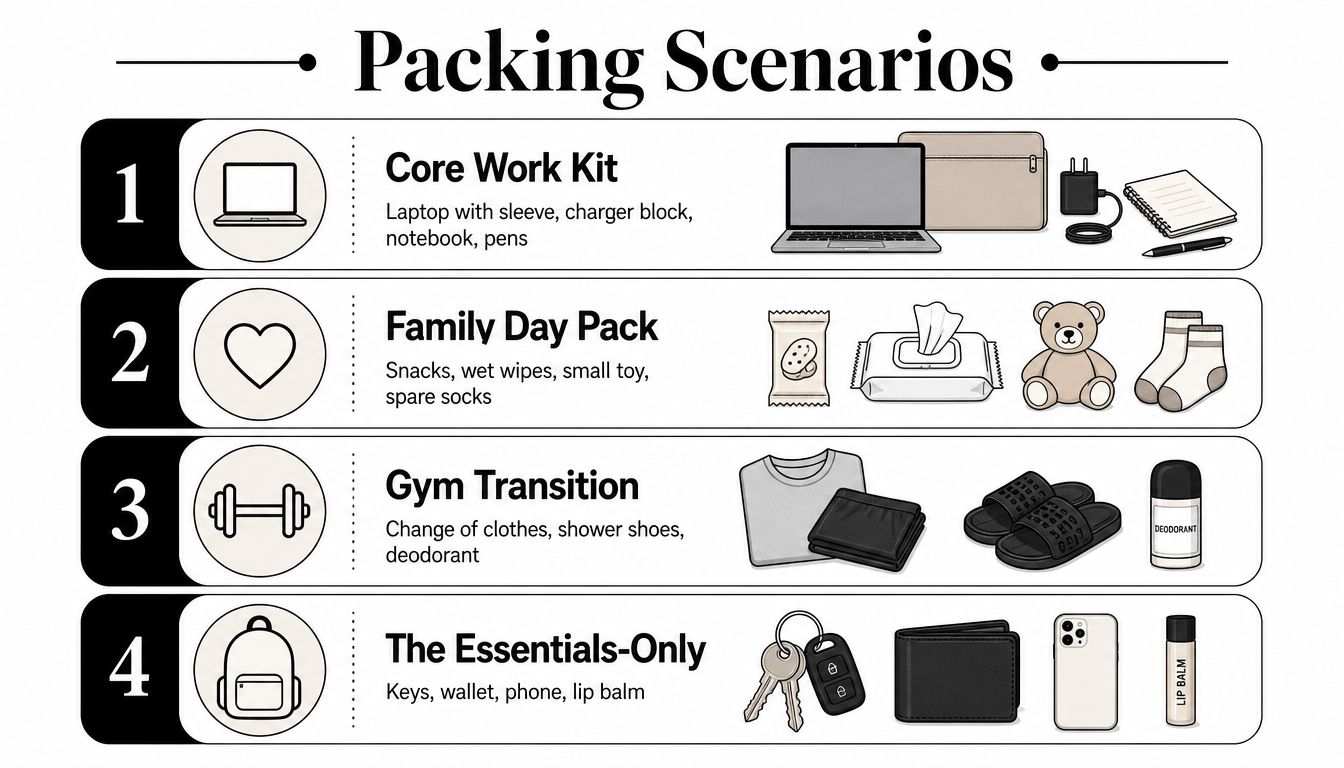 A visual guide showing four different packing scenarios for work, family outings, gym sessions, and daily essentials.