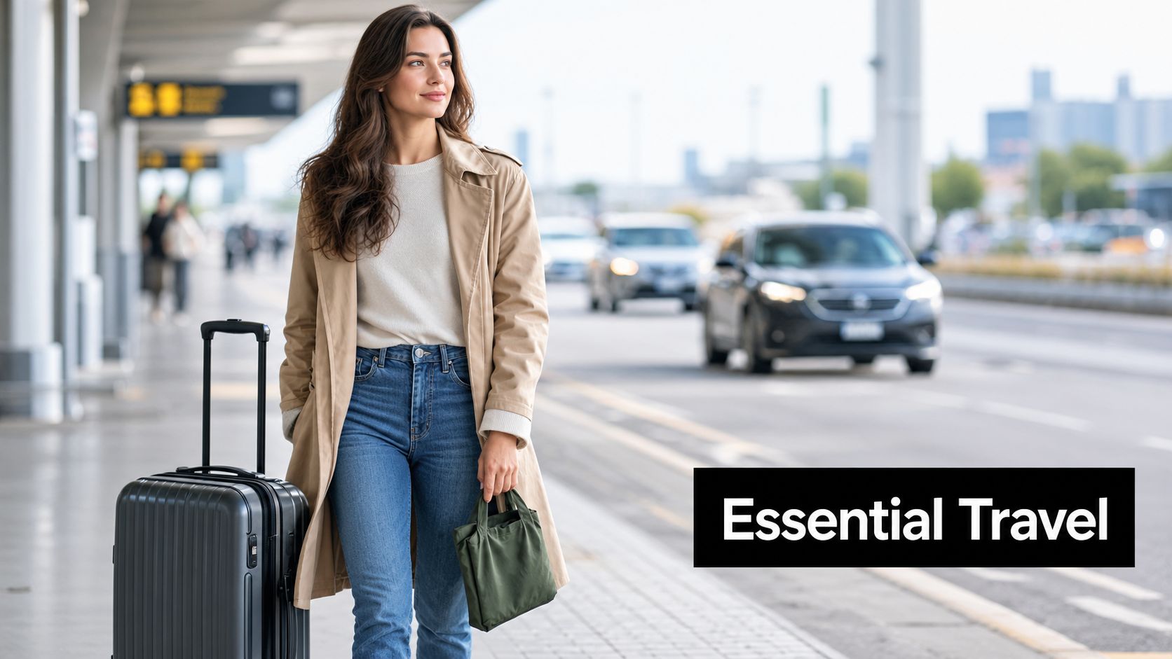 A woman walks at an airport terminal with a suitcase and a foldable travel tote bag.
