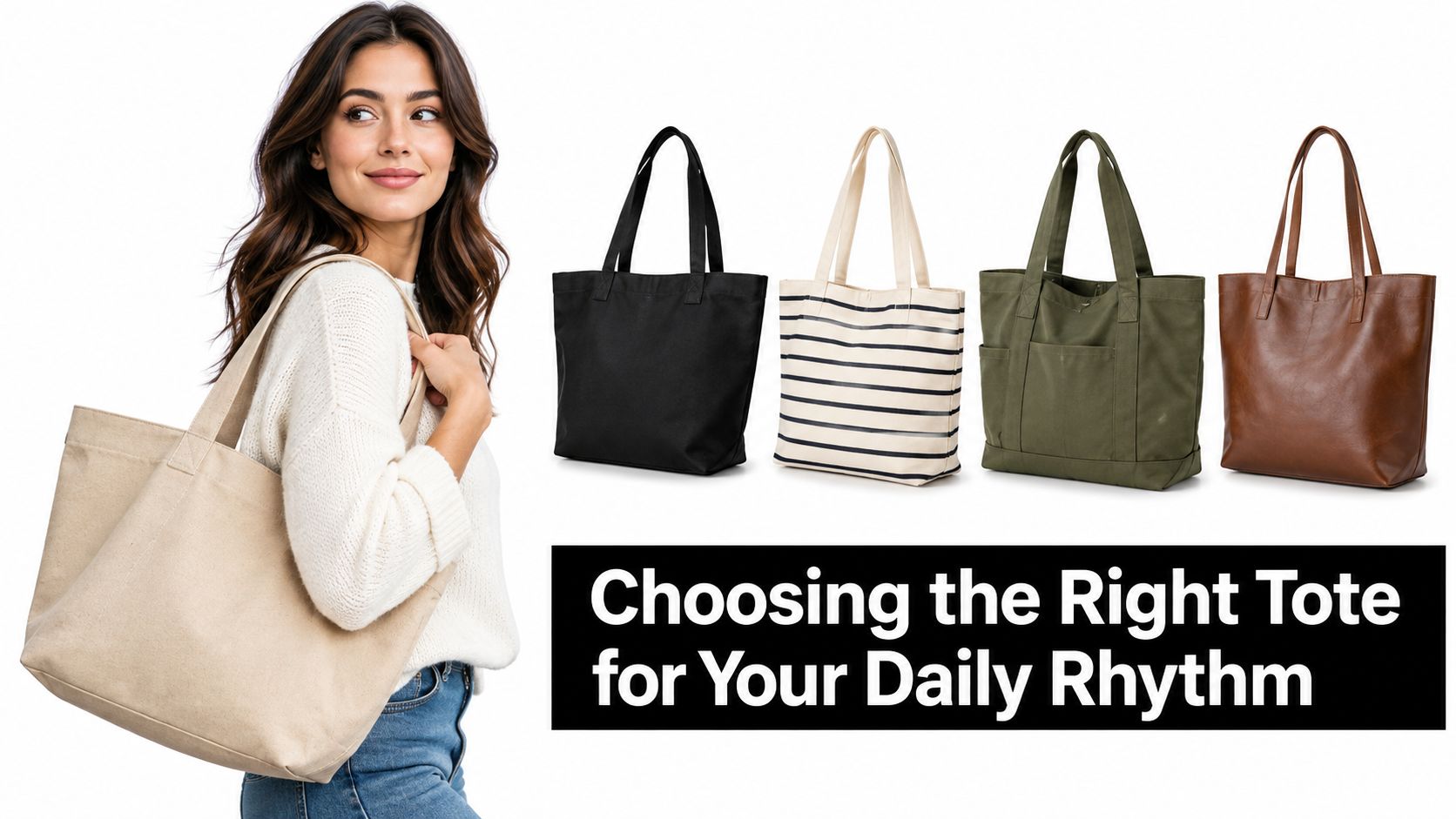 A woman posing with a beige canvas tote bag beside four different color and style tote bags.