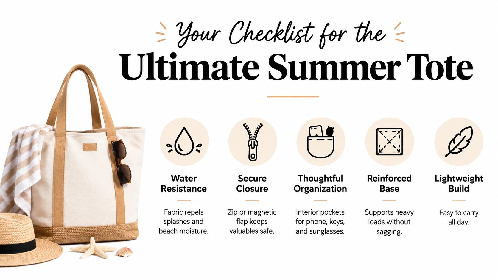 A checklist infographic outlining the key features of the ultimate summer tote bag for beach trips.