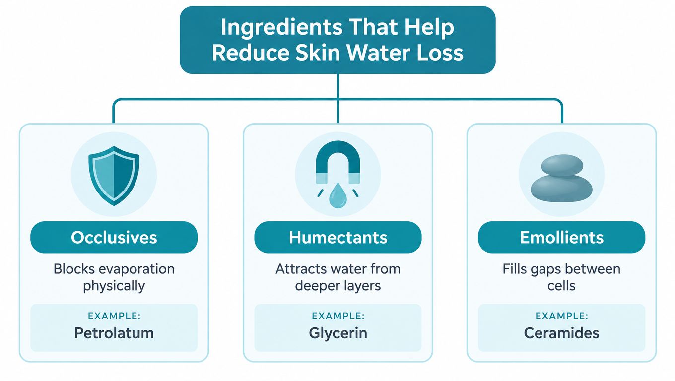 A diagram categorizing ingredients that reduce skin water loss into occlusives, humectants, and emollients with examples.