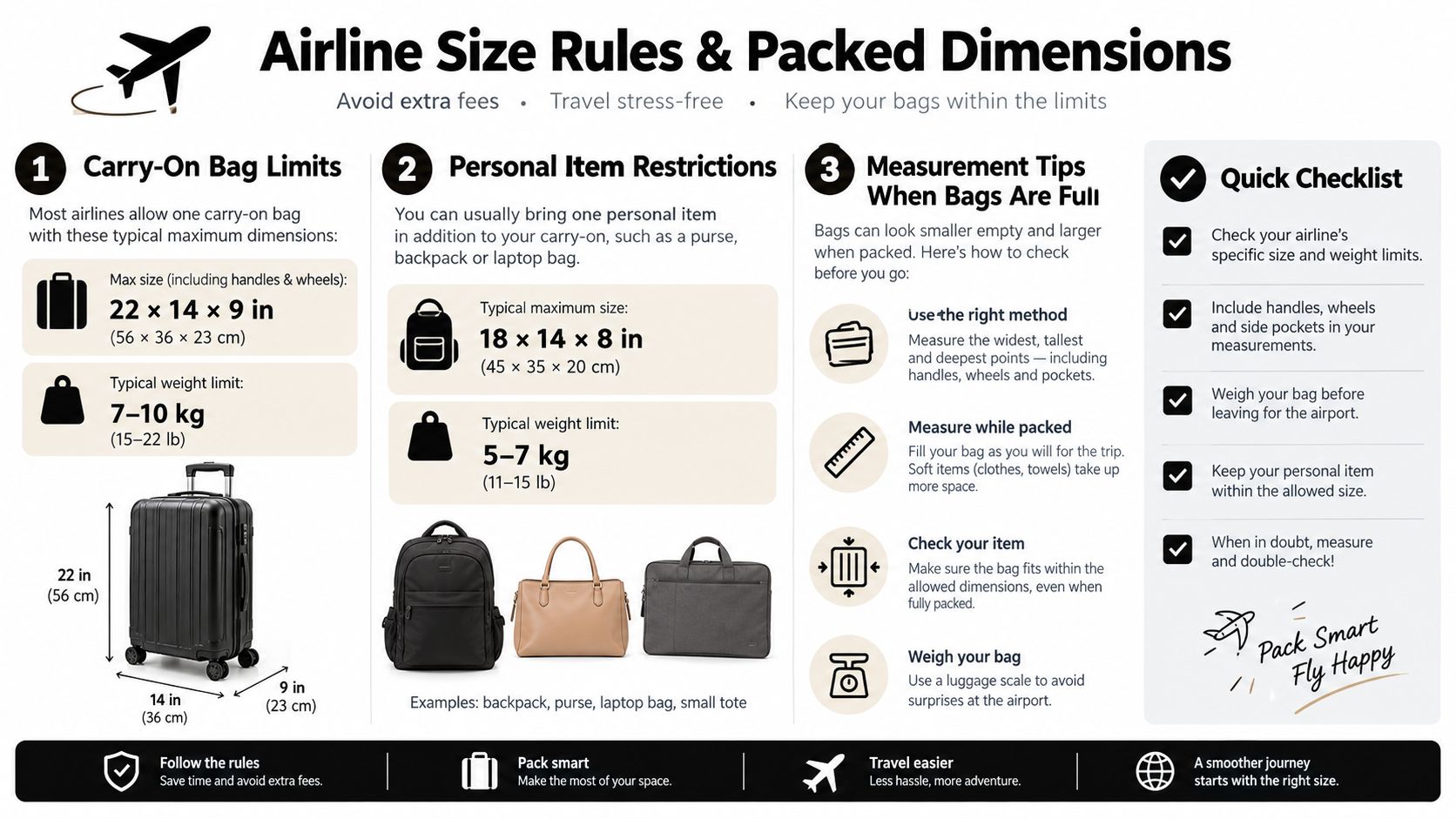 An infographic detailing typical carry-on bag and personal item size and weight limits for air travel.