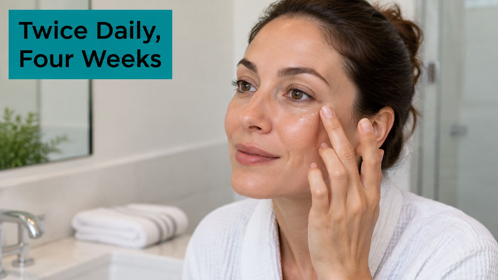 A woman in a white robe applying stem cell eye serum under her eye in a bathroom.