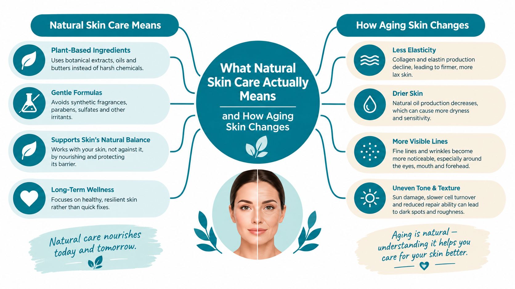 An infographic detailing the benefits of natural skin care and the natural changes that occur in aging skin.