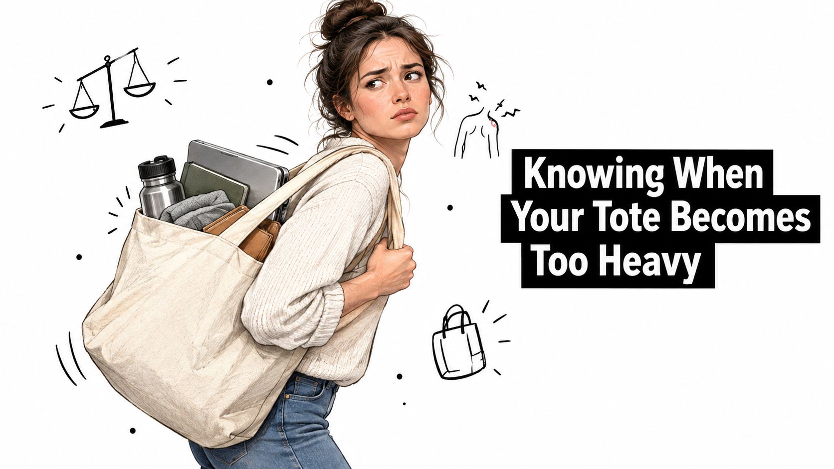A young woman looking concerned while carrying a heavy tote bag filled with books and a laptop.