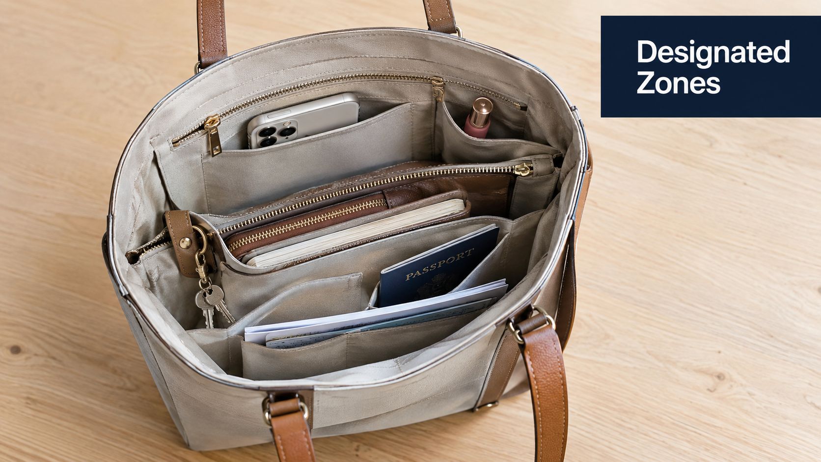 A high-angle shot showing the interior of a neatly organized women's handbag filled with various accessories.