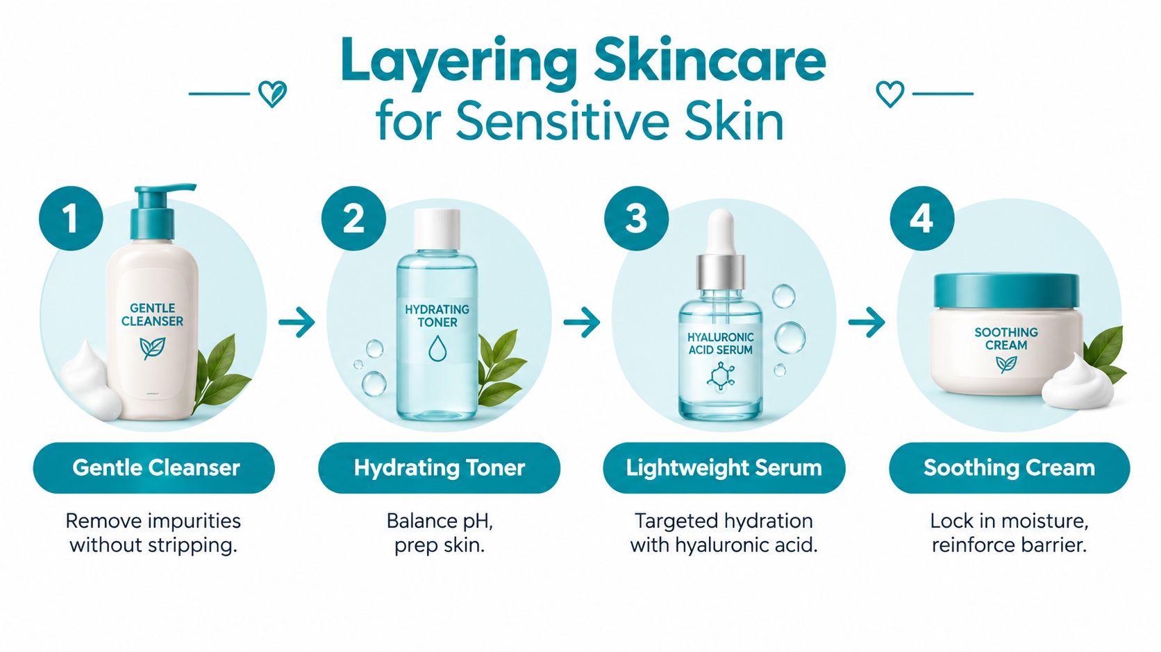 A step-by-step infographic showing the recommended four-step skincare routine for sensitive skin using gentle products.