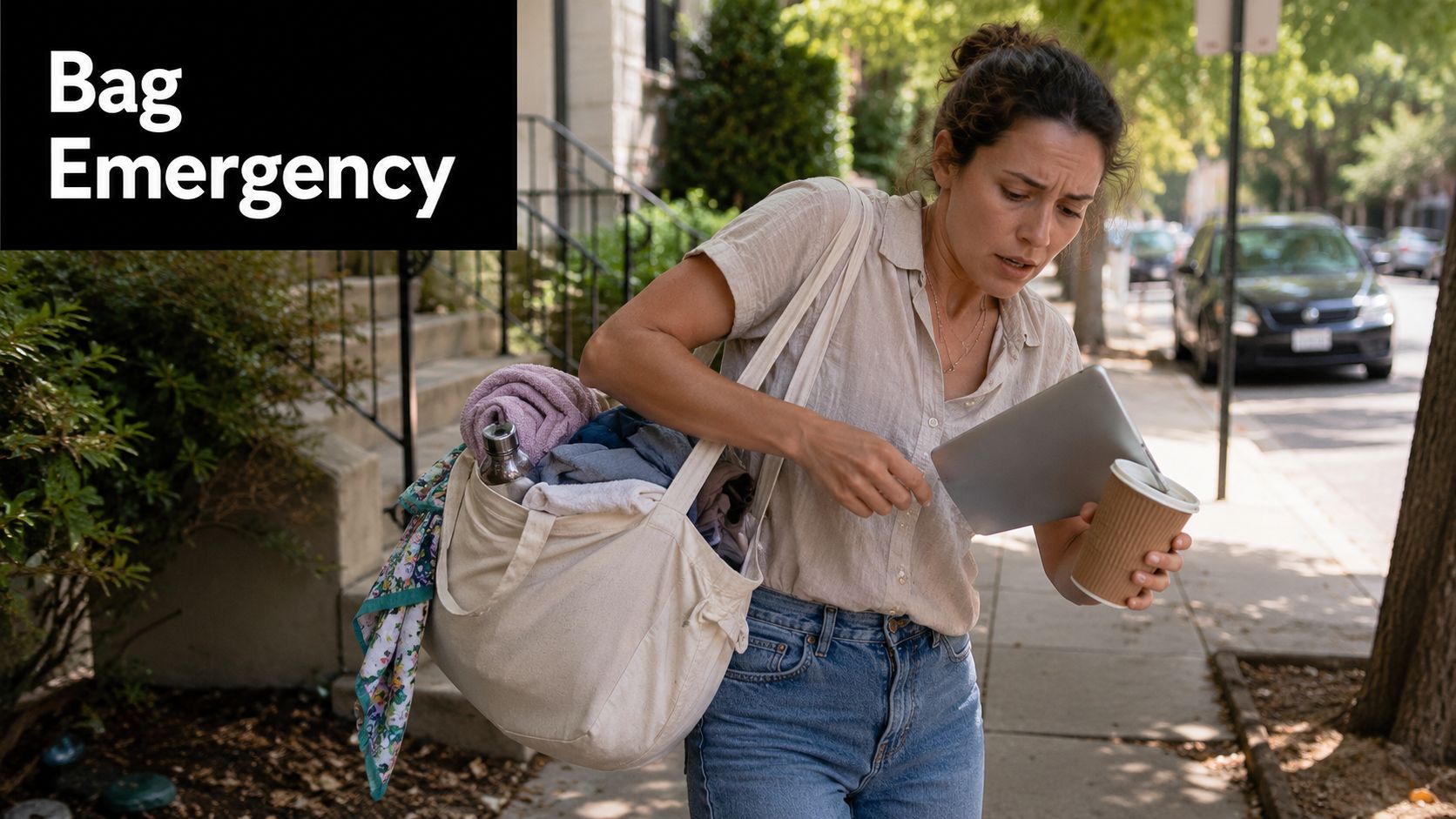 A woman balancing a large canvas tote bag, tablet, and coffee while walking on a sidewalk.
