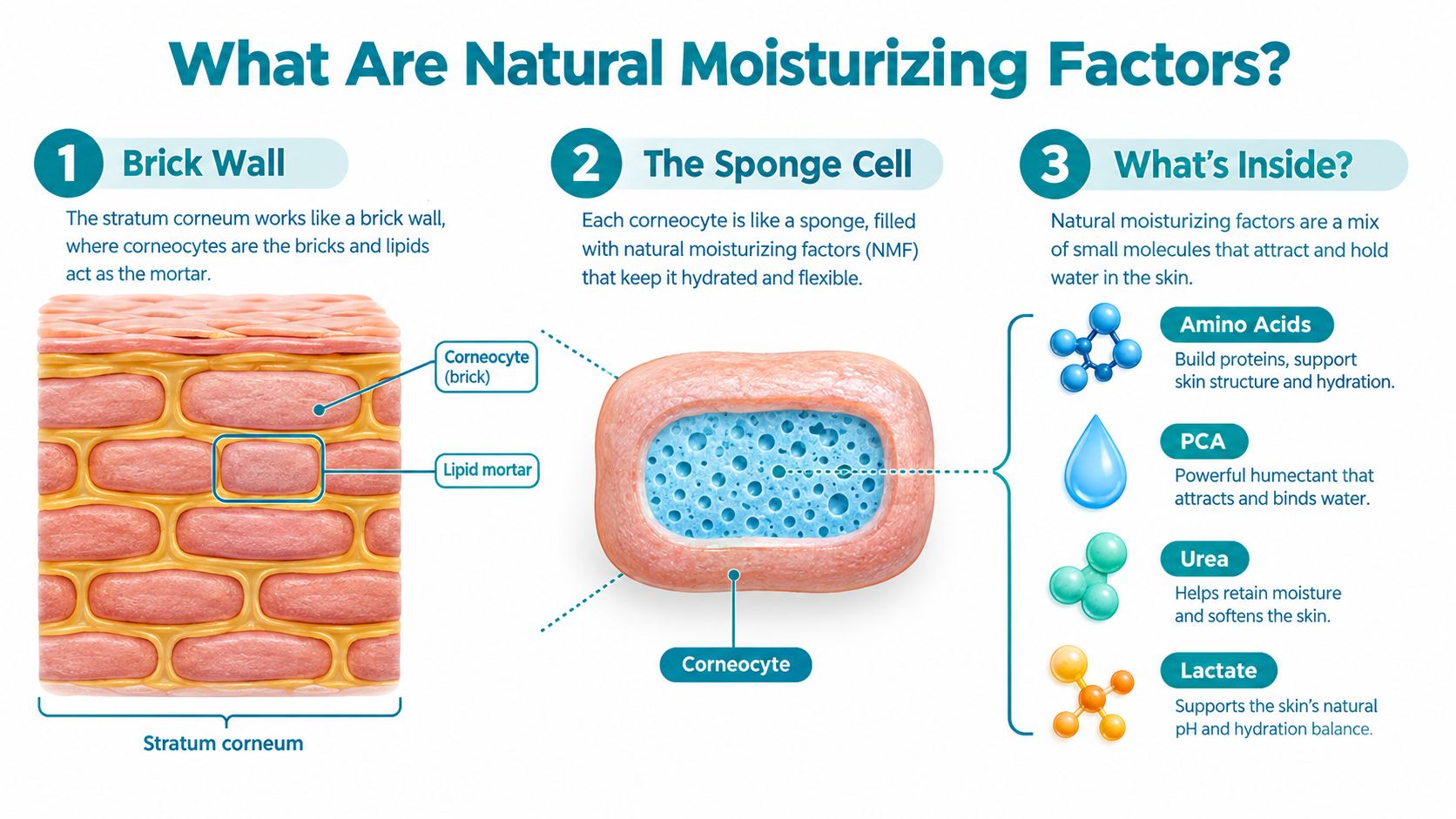 A diagram explaining natural moisturizing factors in the stratum corneum with bricks, sponge cells, and molecular components.