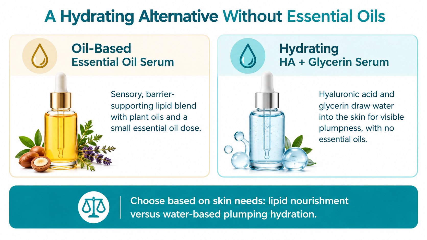 A comparison graphic between an oil-based essential oil serum and a hydrating HA plus glycerin serum.