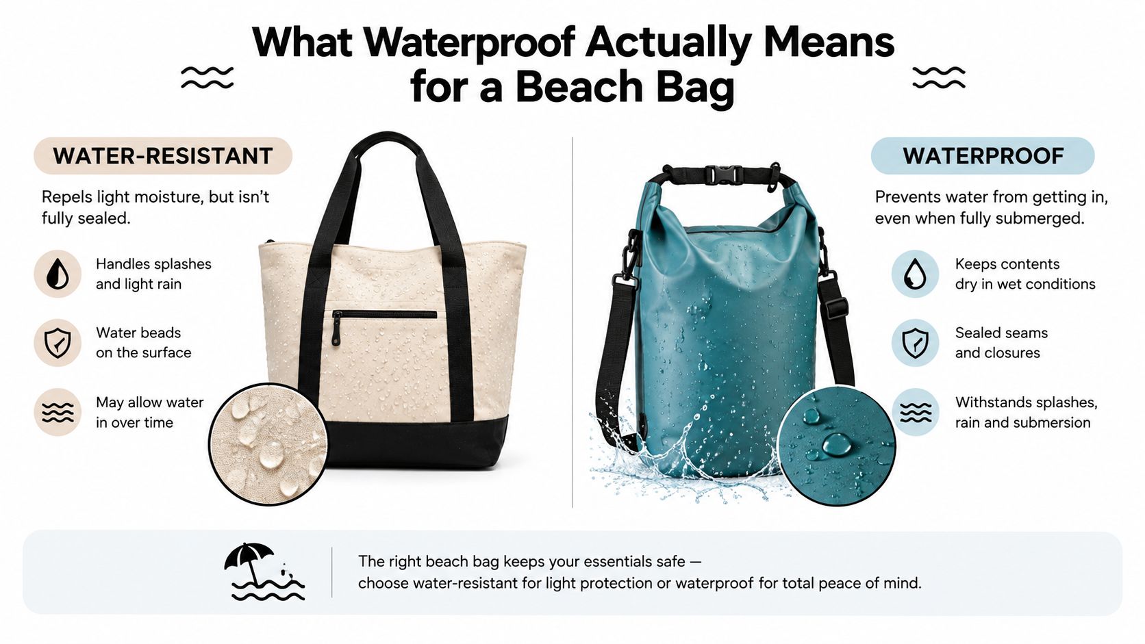 An educational infographic comparing the functional differences between water-resistant and waterproof beach bags for summer travel.