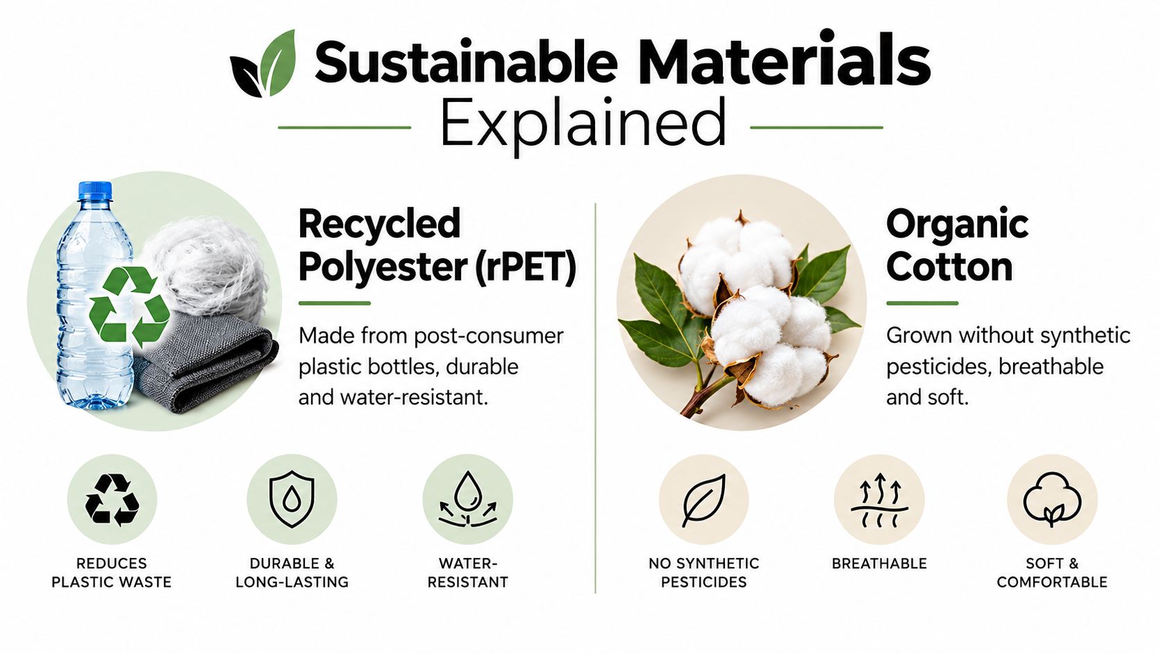 A diagram explaining sustainable materials, showing recycled polyester from plastic bottles and organic cotton properties.