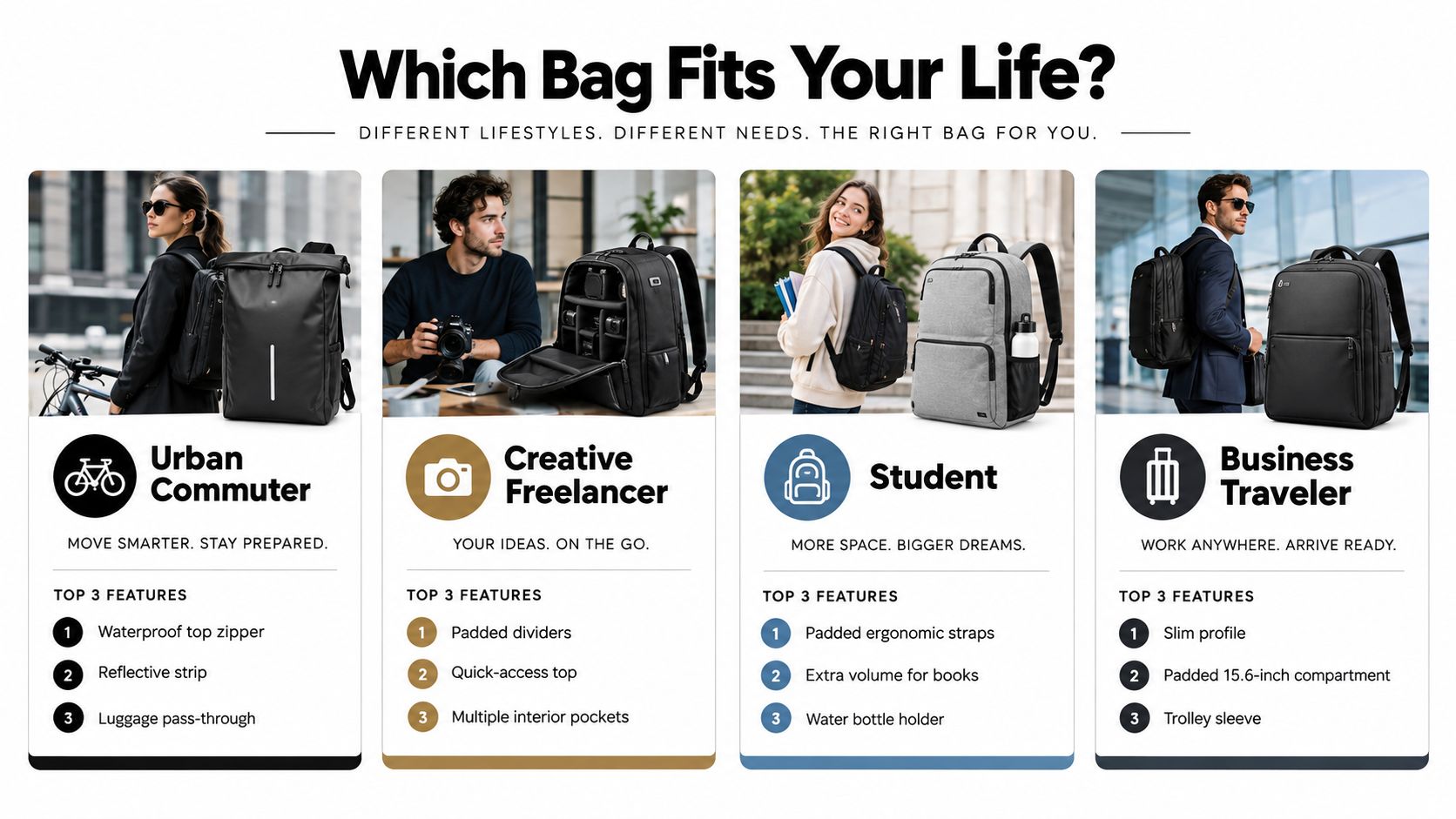 A product infographic comparing four types of backpacks designed for urban commuters, creative freelancers, students, and travelers.