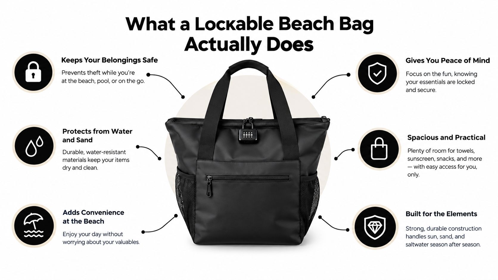A black lockable beach bag with a combination lock, featuring labeled benefits for security and durability.