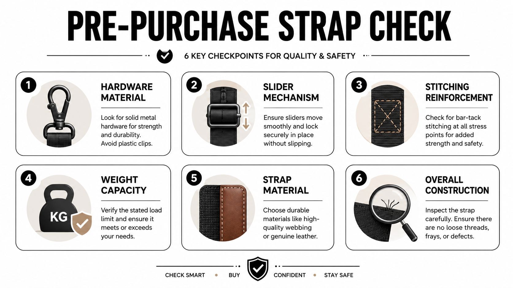 An infographic detailing six essential quality and safety checkpoints for inspecting a bag's adjustable strap before purchasing.