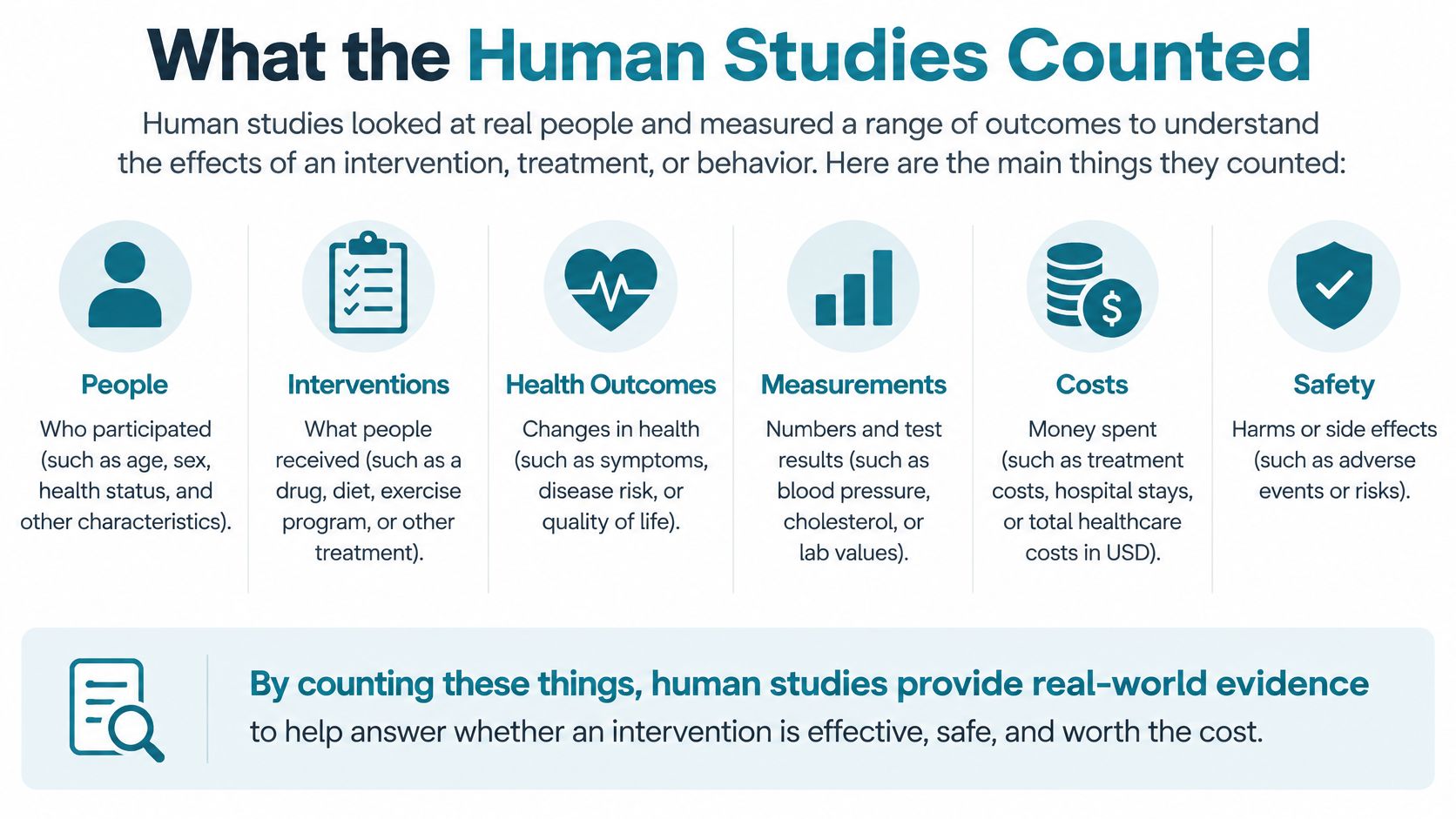 An infographic titled What the Human Studies Counted detailing key metrics researchers use to evaluate clinical studies.