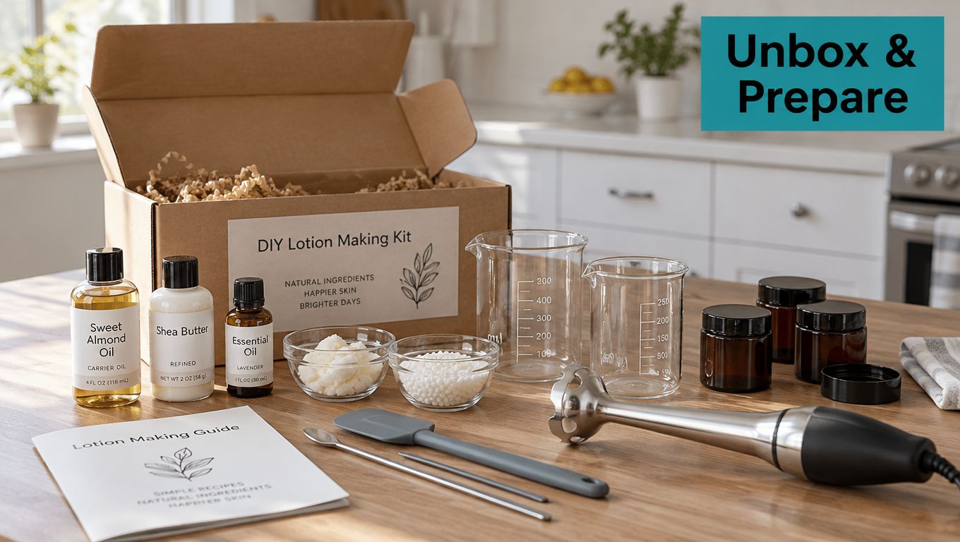 A DIY lotion making kit with ingredients, mixing tools, beakers, and instructions on a kitchen counter.