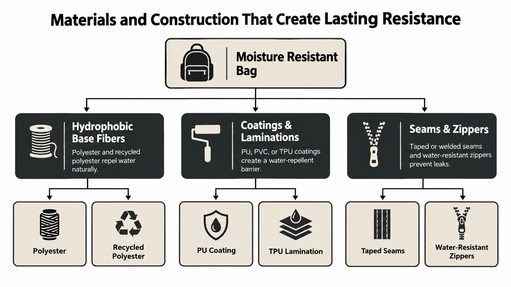 A diagram explaining materials and construction techniques used to create a durable, moisture-resistant bag.