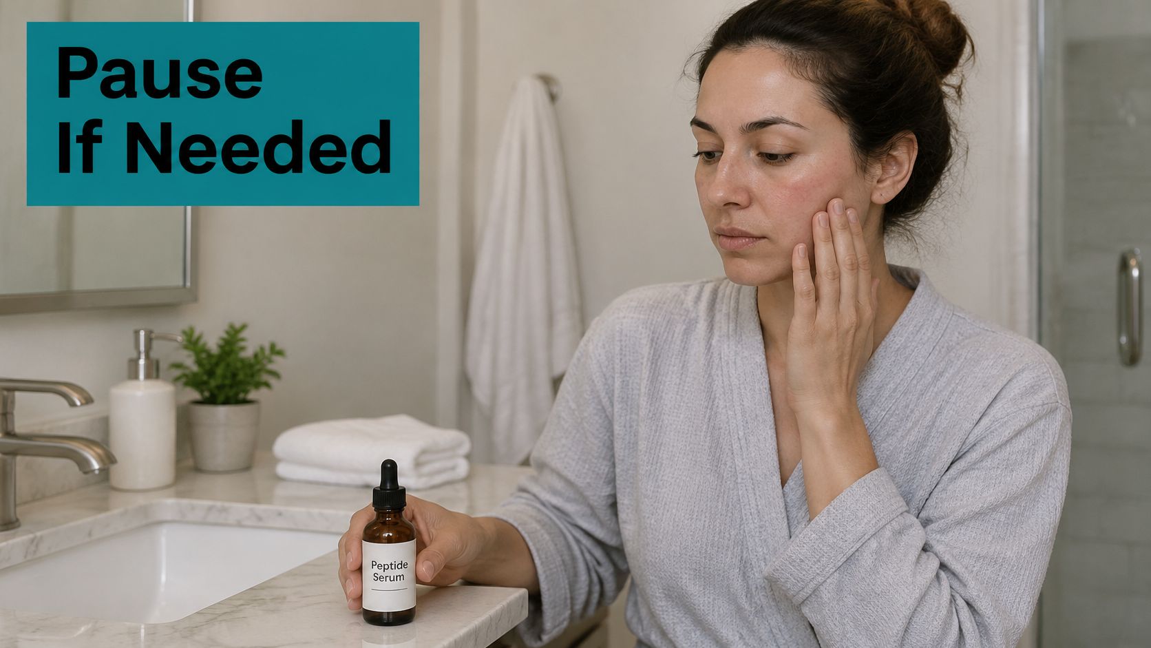 A woman in a robe applying skincare while holding a bottle of peptide serum in a bathroom.