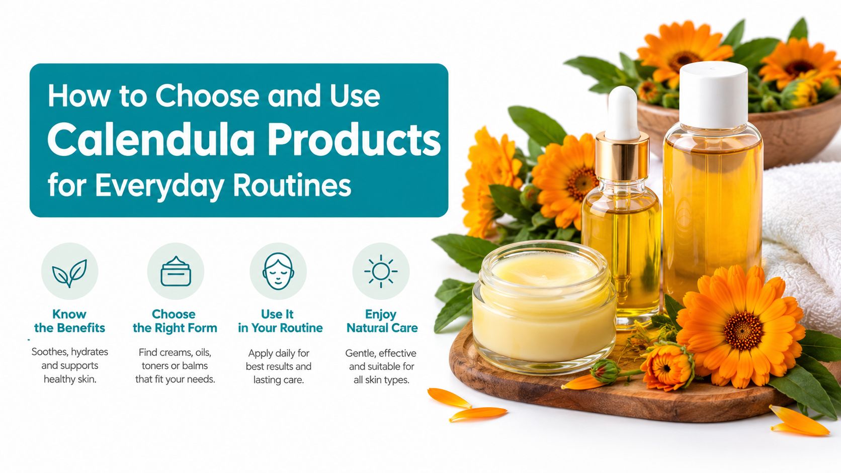 Informational graphic about using calendula skincare products, featuring flowers and various cosmetic jars on a wooden board.