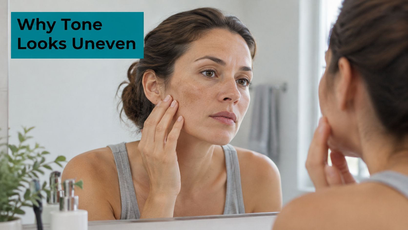 A woman looks in the bathroom mirror examining hyperpigmentation and uneven skin tone on her face.