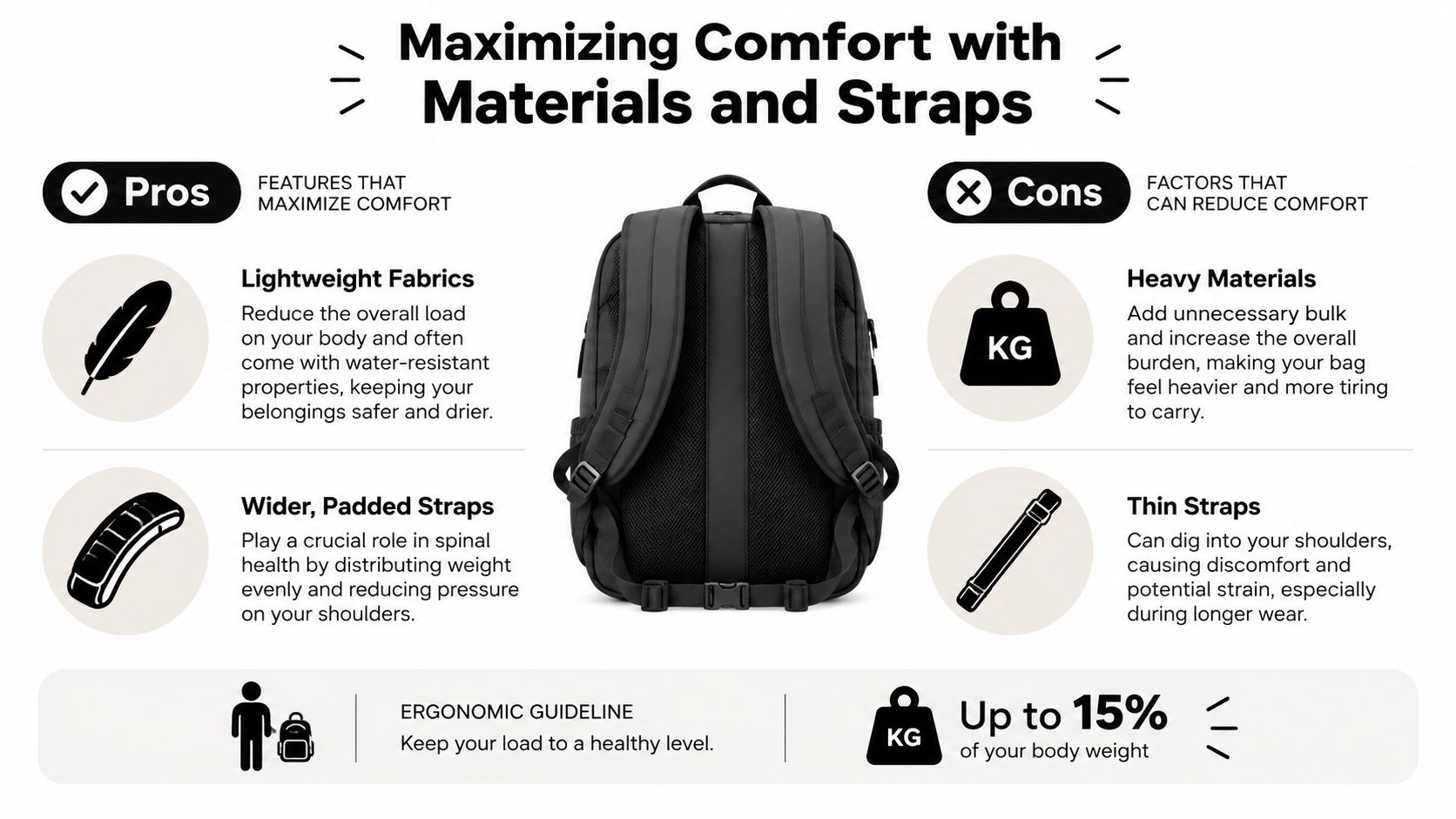 An infographic comparing pros and cons of backpack materials and straps for optimal ergonomic comfort.