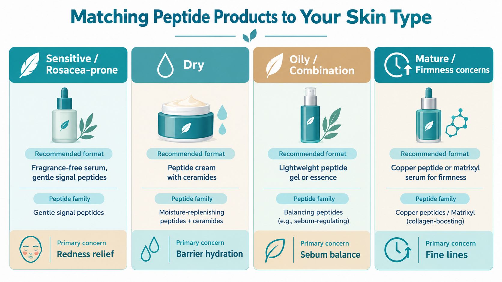 A chart guide helping users choose the best peptide skincare products based on their specific skin type.