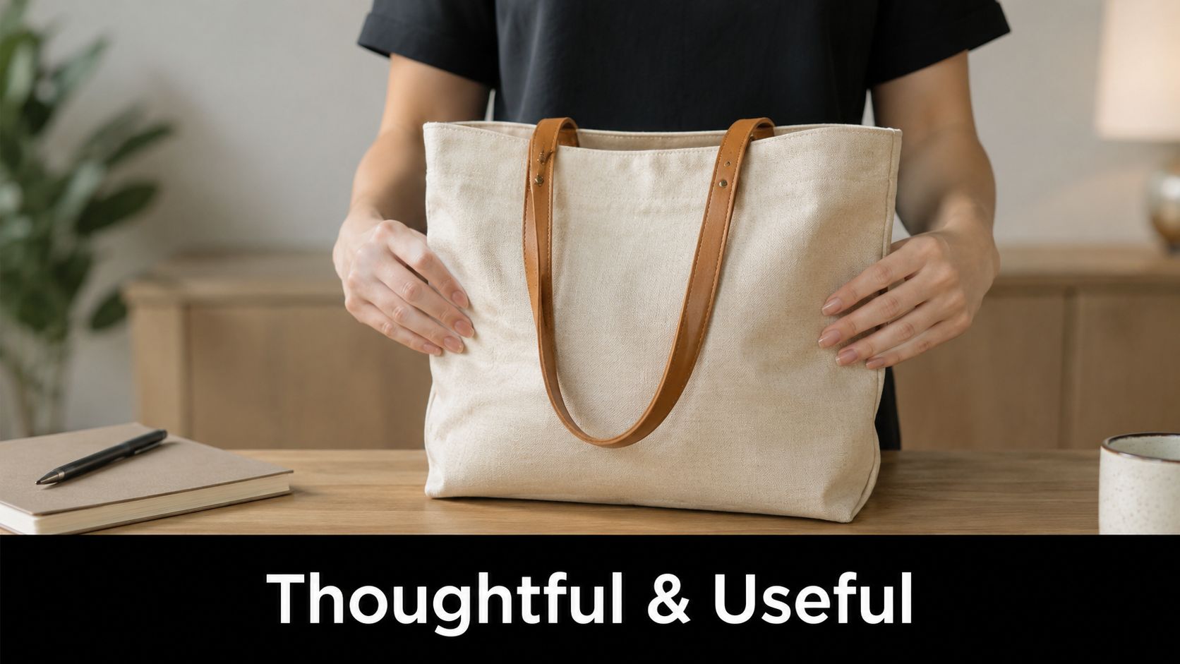 A person holds a simple, light-colored canvas tote bag with brown leather straps above a desk.