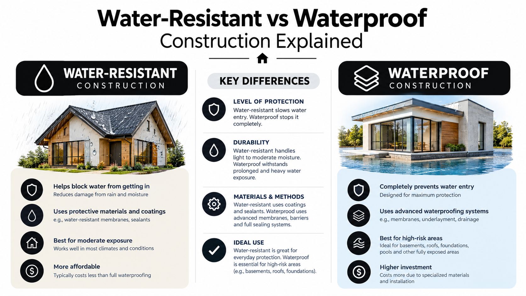 An infographic explaining the key construction differences between water-resistant and waterproof building materials and methods.