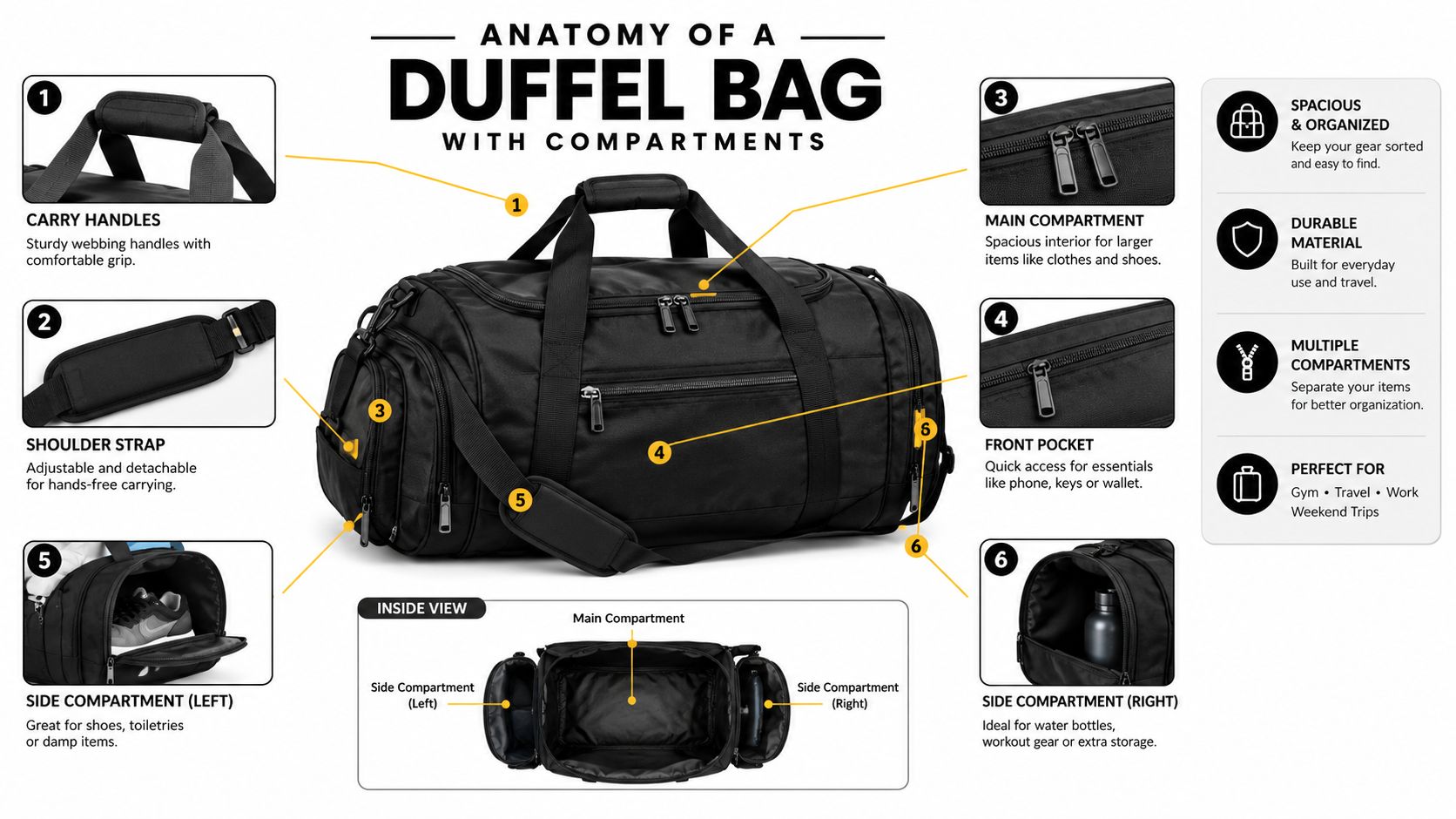Anatomy diagram of a black duffel bag with labeled compartments, straps, and interior view for organization.
