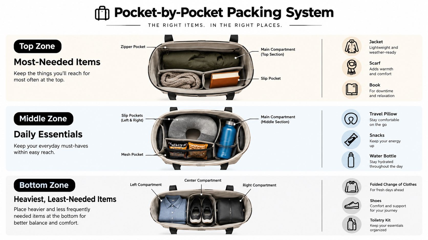 A diagram demonstrating a three-tier pocket-by-pocket packing system to organize items efficiently inside a travel tote bag.
