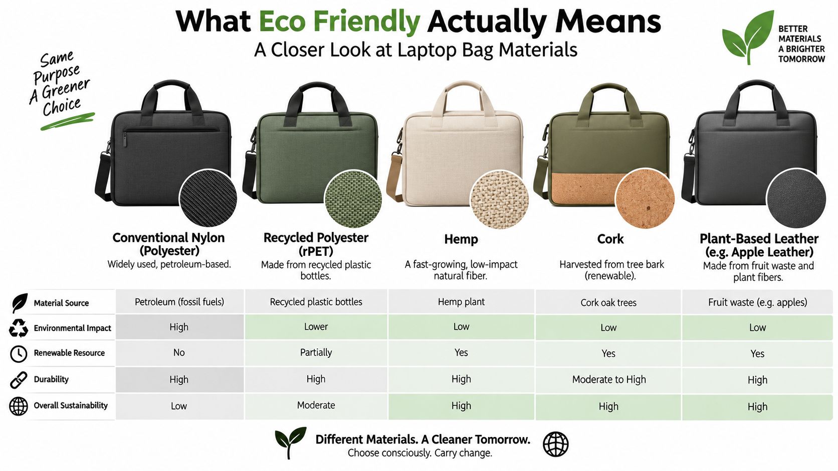 A comparison chart showing the environmental impact and sustainability of five different laptop bag materials.