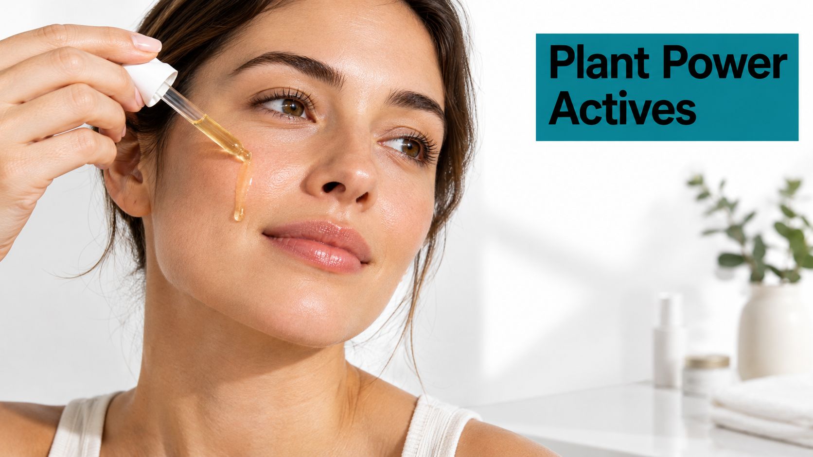 A woman applying a golden facial serum with a dropper onto her cheek for a skincare routine.