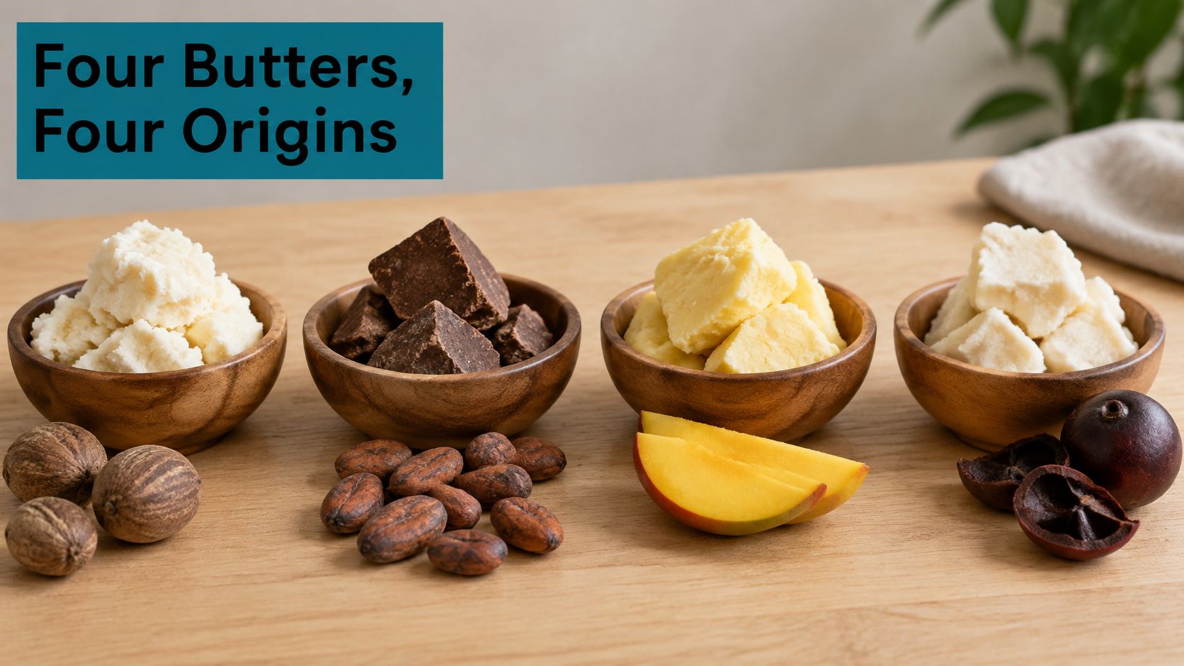 Four wooden bowls filled with various natural butters next to their respective raw ingredients on a table.