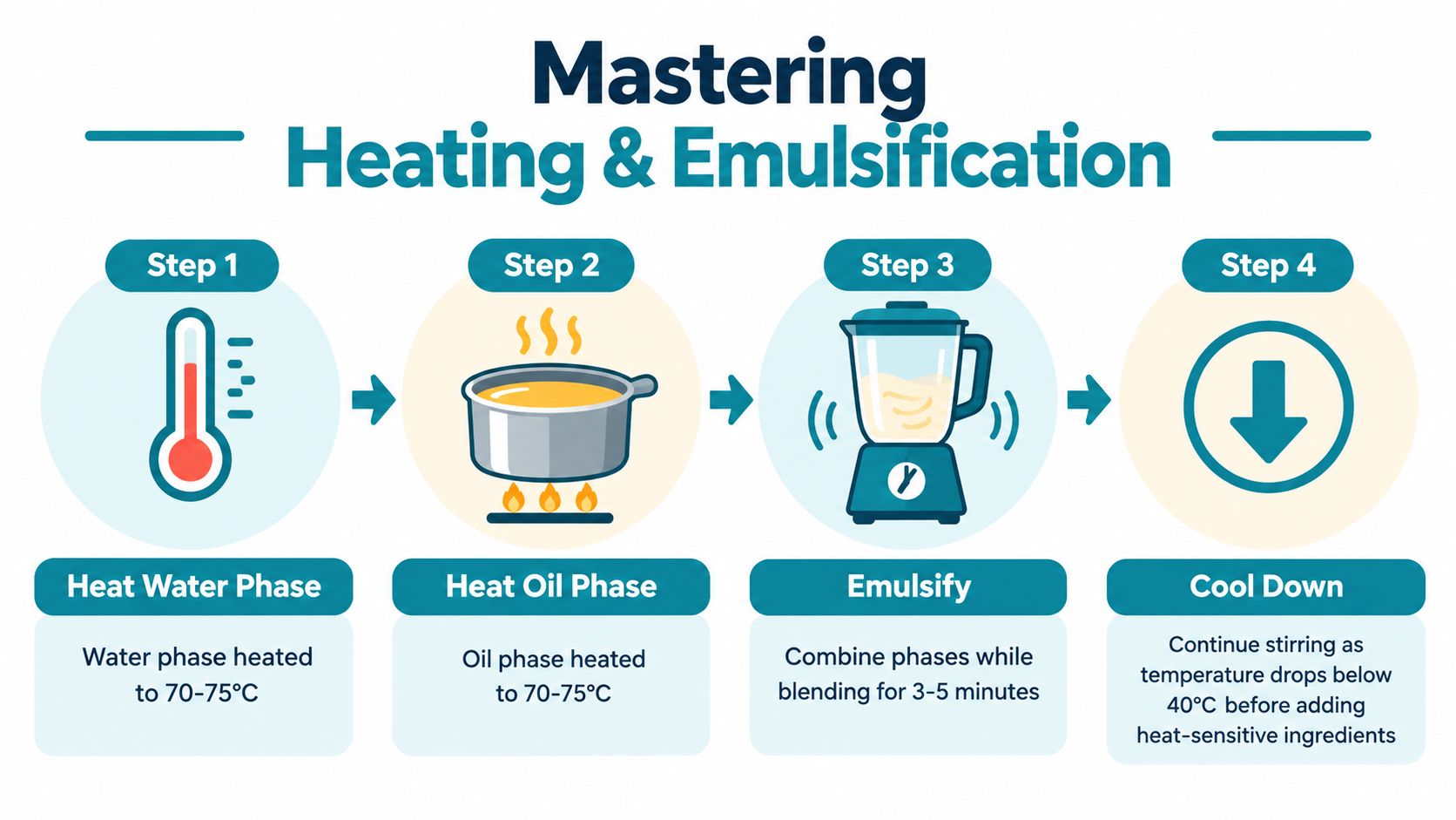 A four-step infographic illustrating the process of heating and emulsifying ingredients for lotion making.