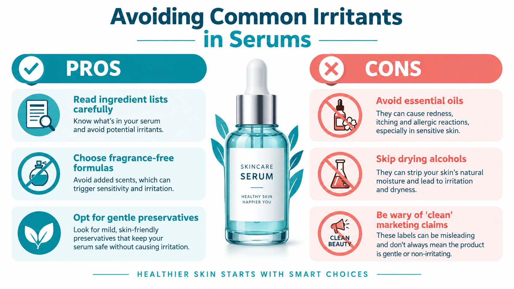 An infographic detailing tips to avoid common skin irritants in face serums for sensitive skin types.