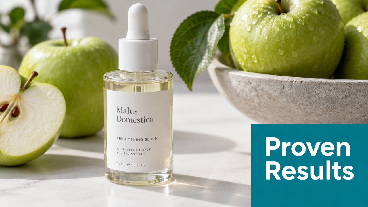 A glass dropper bottle of Malus Domestica brightening serum sits on a white surface with fresh green apples.
