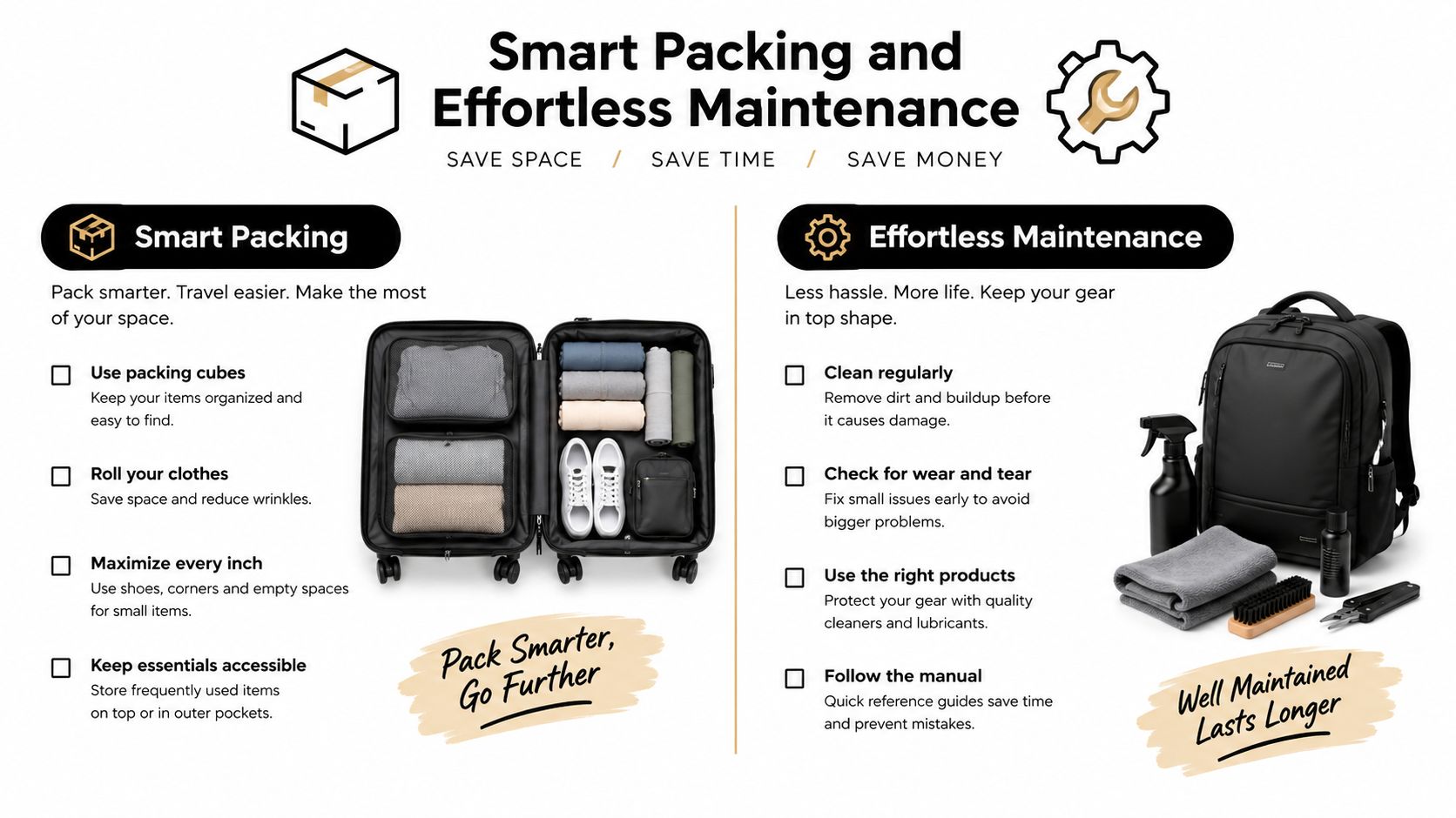 A visual guide for smart packing tips and effortless gear maintenance to save space and travel easier.