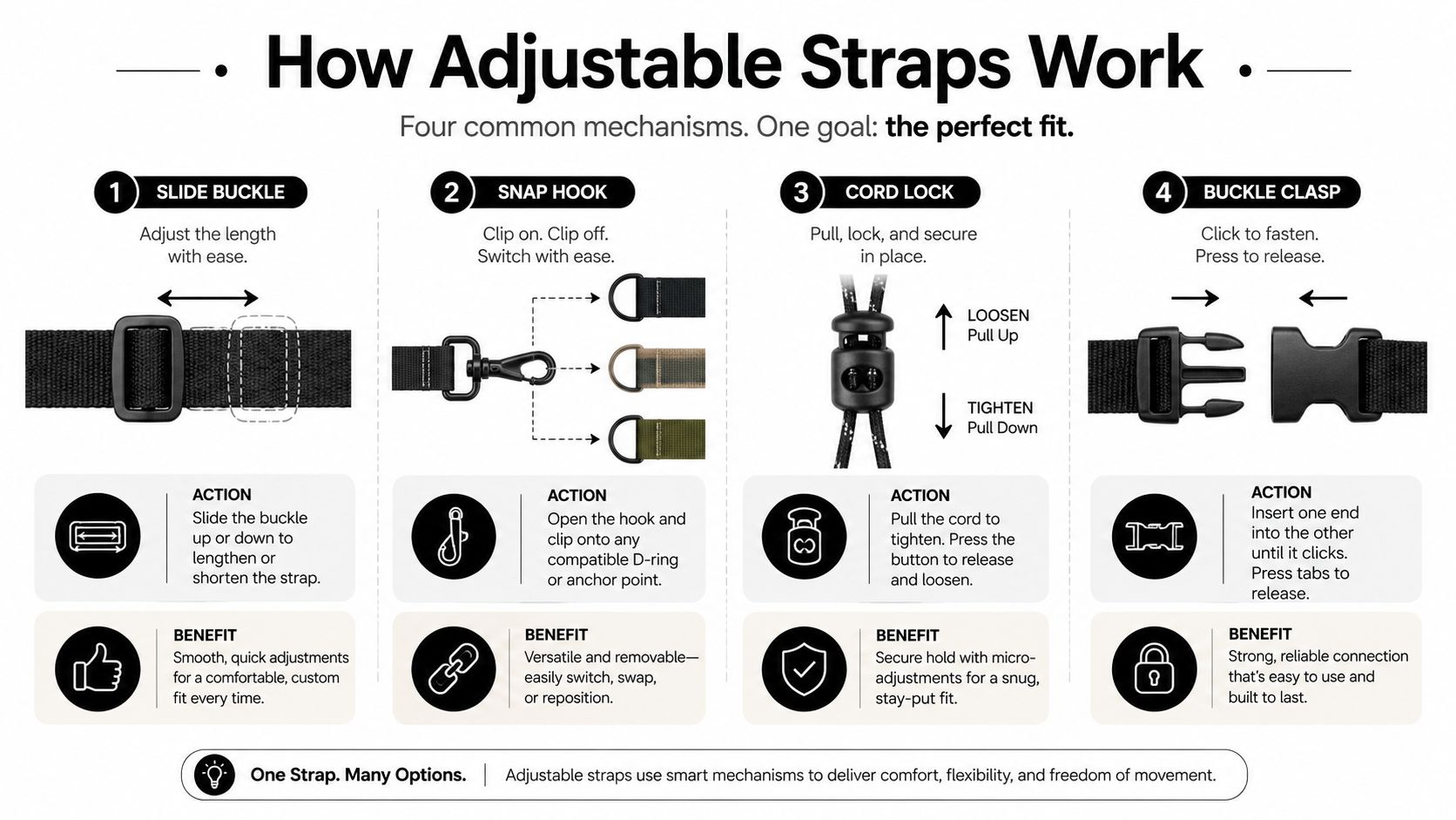 A diagram explaining four common adjustable strap mechanisms: slide buckle, snap hook, cord lock, and buckle clasp.