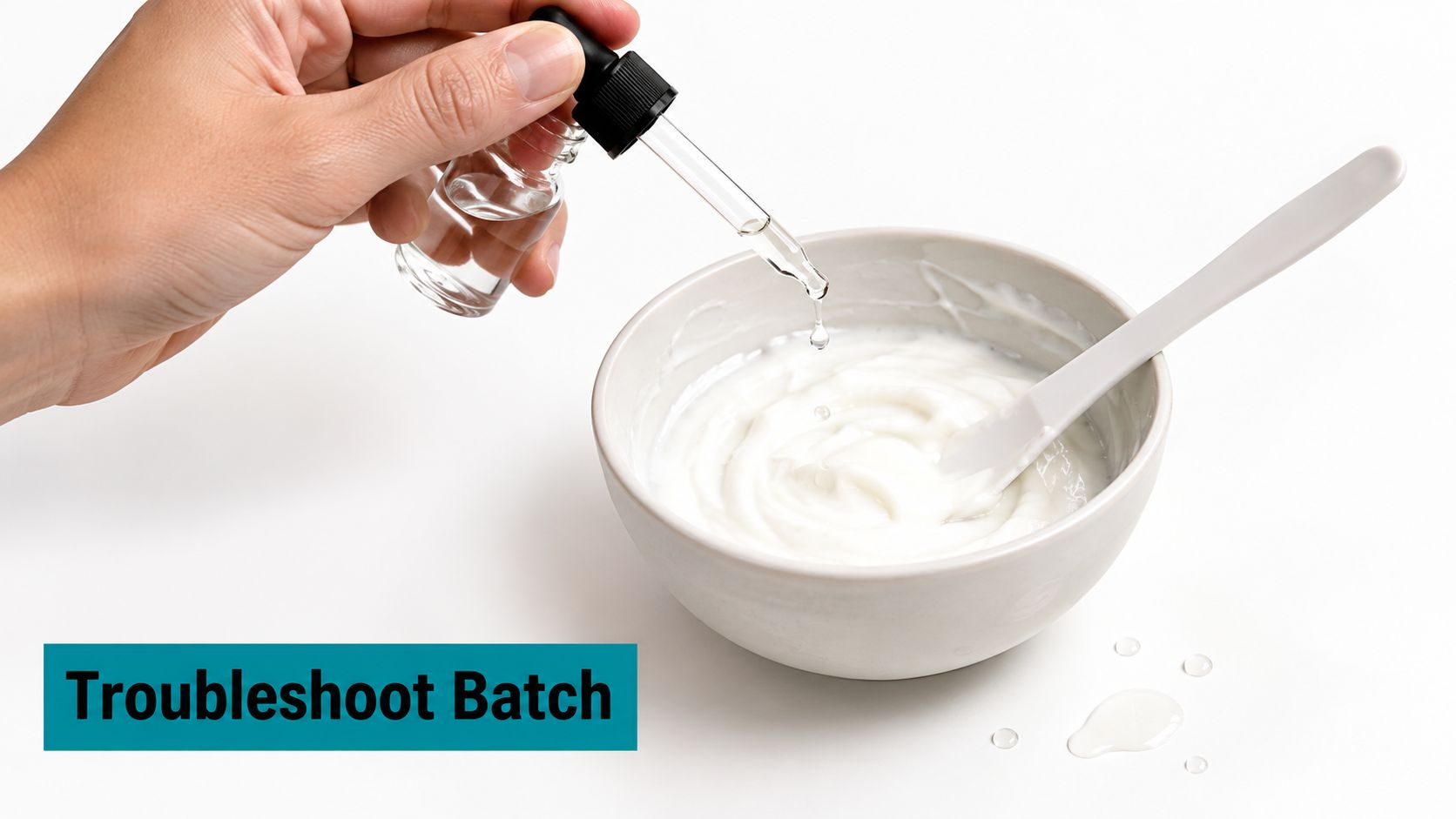 A hand using a dropper to add liquid into a bowl of white cream while troubleshooting a batch.