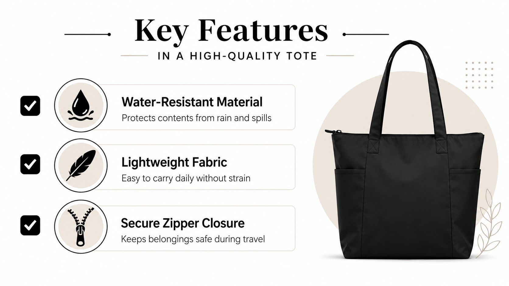 A black tote bag displayed next to a list of its key features including water resistance, lightweight fabric, and secure zipper.