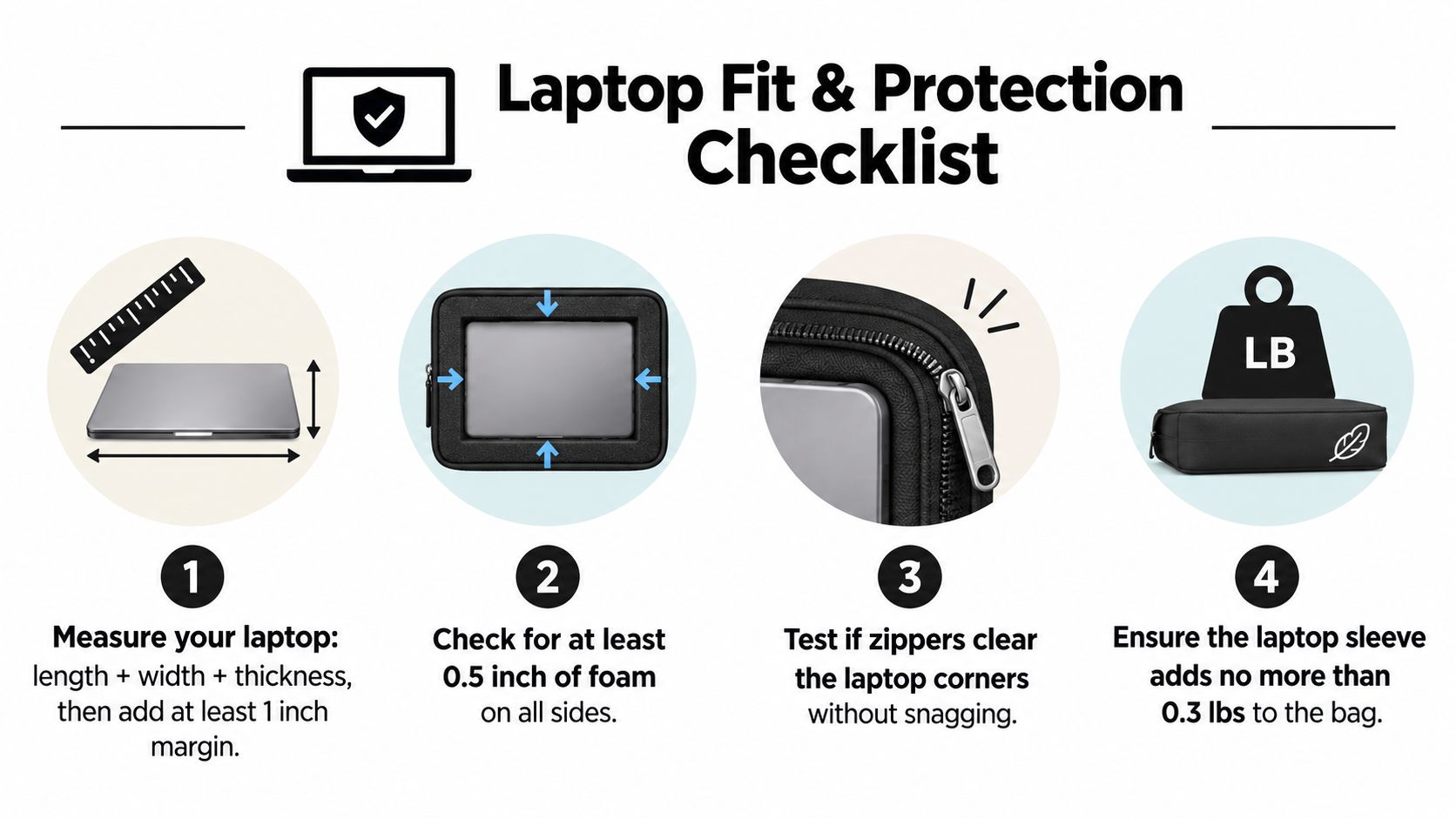 A four-step checklist illustration explaining how to measure and verify a laptop for a protective sleeve.
