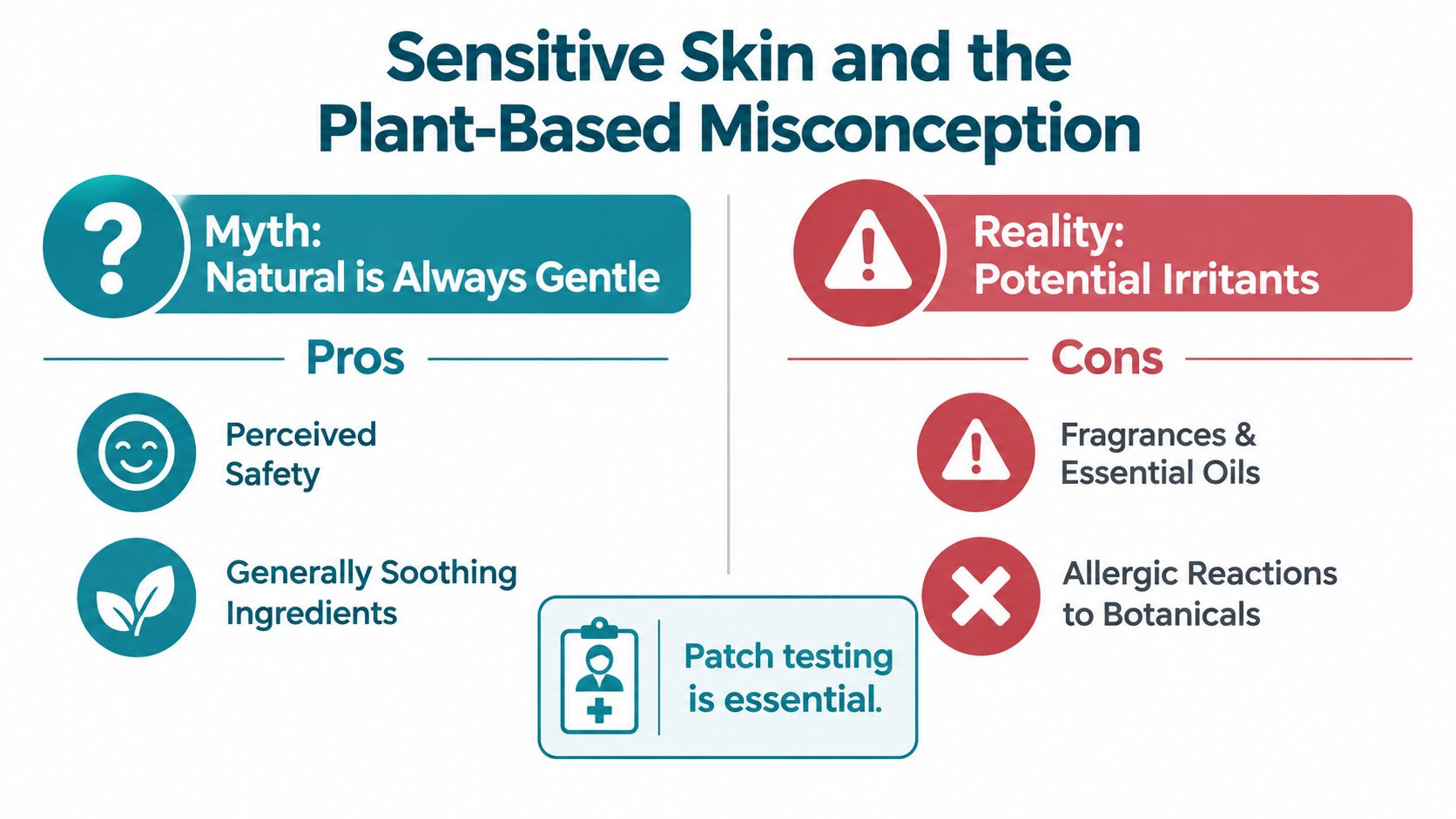 An infographic titled Sensitive Skin and the Plant-Based Misconception explaining that natural ingredients can still cause irritation.