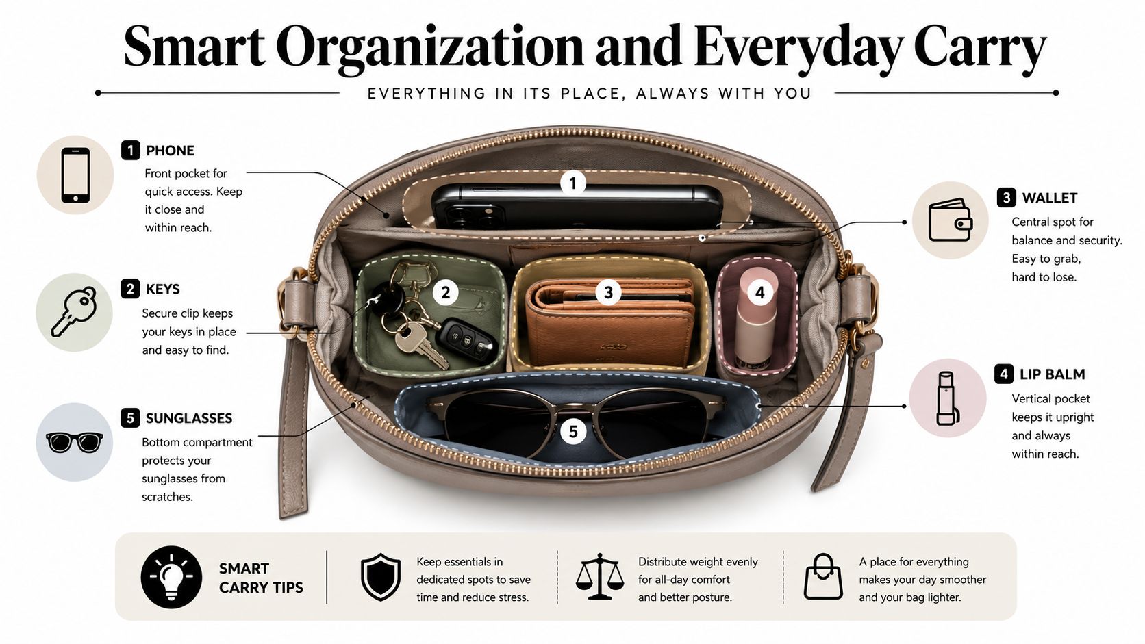 A top-down view of a woman's crossbody bag featuring organized interior compartments for phone, keys, wallet, and sunglasses.