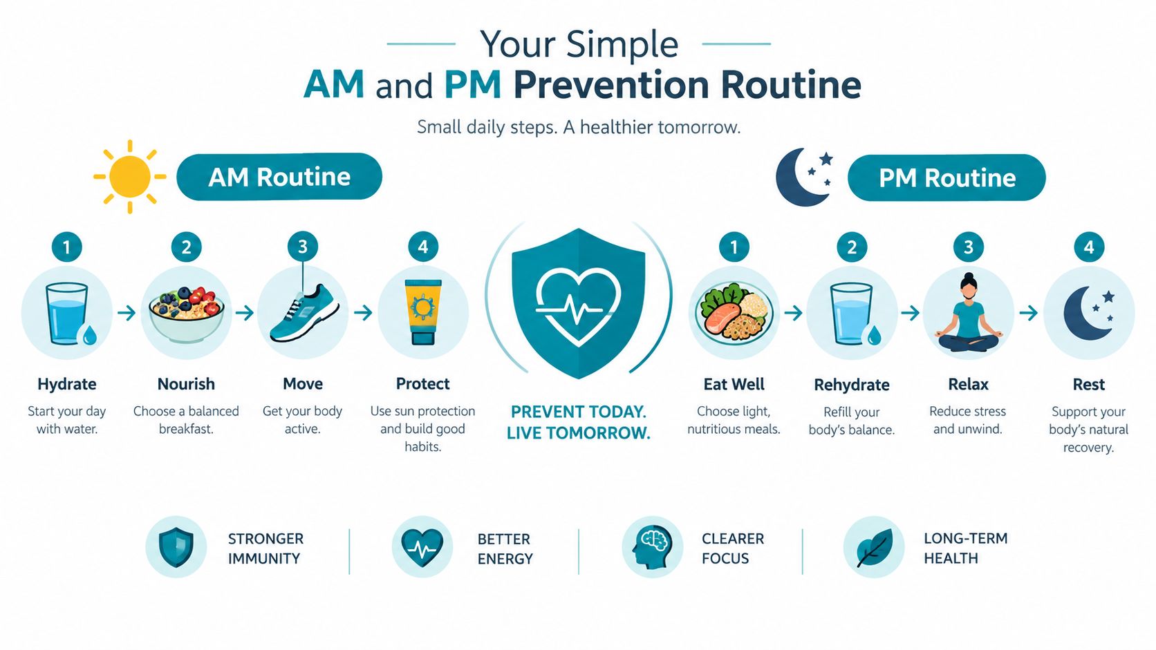 An infographic titled Your Simple AM and PM Prevention Routine detailing healthy daily habits for disease prevention.