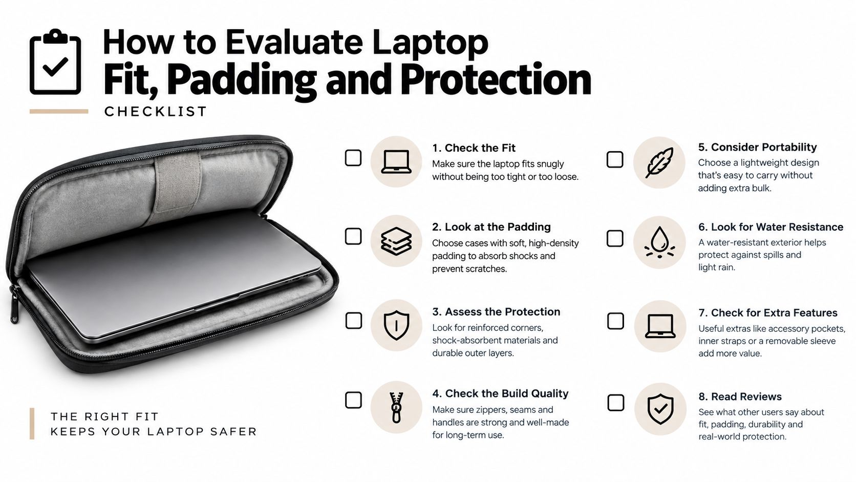 A helpful infographic checklist for choosing the best protective laptop sleeve based on fit, padding, and durability.